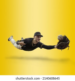 Baseball players in dynamic action in action on gradient multi color neon background. Concept of sport competition.