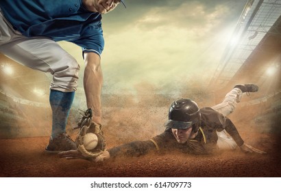 Baseball players in game action under stadium light. Sport activity people playat sunny day. - Powered by Shutterstock