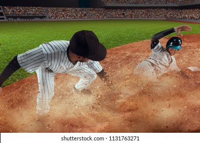 Baseball players on professional dramatic stadium. Baseball tagged out