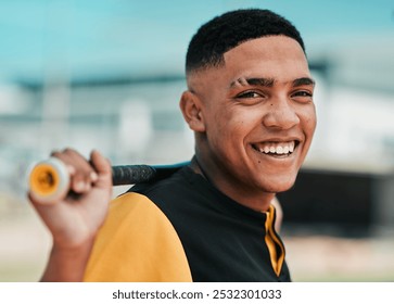 Baseball portrait, athlete and bat on pitch for match exercise, competition workout and happy on field. Teenage player, boy and fitness outdoor for game performance, training and softball challenge - Powered by Shutterstock