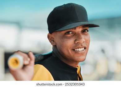 Baseball portrait, athlete and bat on field for match exercise, competition workout and confidence on pitch. Teenage player, boy and fitness outdoor for performance, training and softball challenge - Powered by Shutterstock