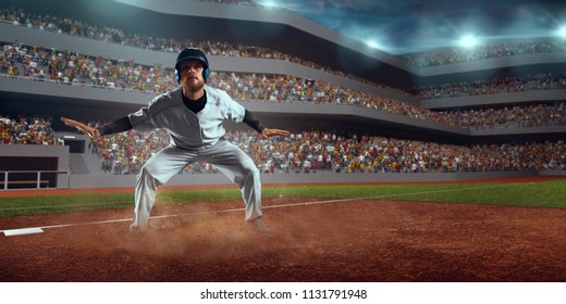 Baseball Runner Prepare To Take The Ball On Professional Baseball Stadium