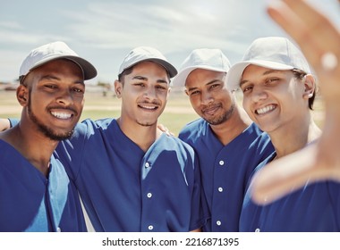 Baseball, Selfie And Team On A Field For A Game, Training Or Exercise. Face Portrait Of Young, Happy And Excited Athlete Group With A Photo At A Field Or Park In Nature For Collaboration In Sports