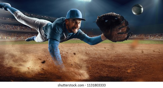 Baseball Shortstop Catches The Ball On Professional Baseball Stadium