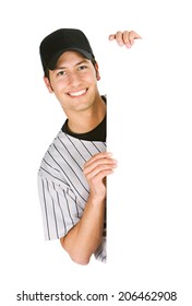 Baseball: Smiling Team Player Behind White Card Copyspace