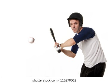 Baseball Or Softball Player At Bat Hitting A Ball And Isolated On White.