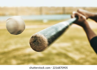 Baseball, speed and game action bat on field with athlete man playing in competitive sport match. Swing, strike and baseball stadium competition of professional player with fast hit movement.