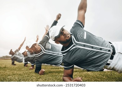 Baseball, sports and collaboration with a team stretching for a game or match on a field. Sport, fitness and exercise with a male athlete group in a warmup before training on grass for a workout - Powered by Shutterstock