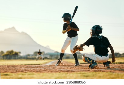 Baseball, sports and players on a field for a game, training and competition. Team challenge, waiting and boys on a pitch for professional sport, practicing and batting in a league for action