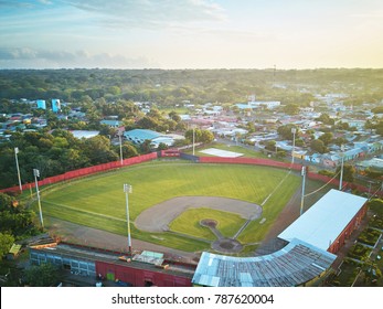 Baseball Stadium  In Morning Sunny Light Aerial Drone View