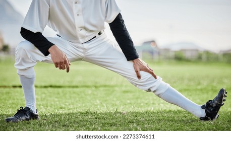 Baseball stadium, stretching legs or athlete on field ready for training match on grass in summer. Body of man, fitness workout or zoom of sports player warm up to start softball exercise outdoors - Powered by Shutterstock