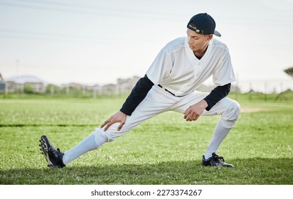 Baseball stadium, stretching or sports athlete on field ready for training match on grass in summer. Active man, fitness workout or young player in legs warm up to start softball exercise outdoors - Powered by Shutterstock