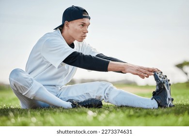 Baseball stadium, stretching or sports man on field ready for training match on a pitch or grass in summer. Softball exercise, fitness workout or young player in warm up to start playing outdoors - Powered by Shutterstock