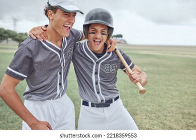 Baseball, success and friends in celebration after winning a sports game or training match on a baseball field in Texas. Smile, teamwork and happy players hugging to celebrate softball achievement - Powered by Shutterstock