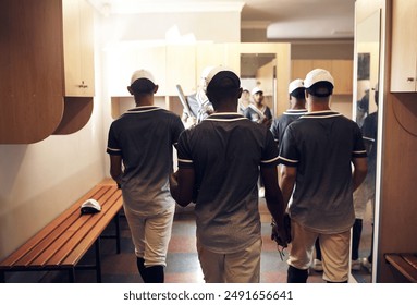 Baseball, team and back for rest in locker room, tournament and walk to half time for games. Support, unity and group of player or male people for sports, break and club for competition together - Powered by Shutterstock