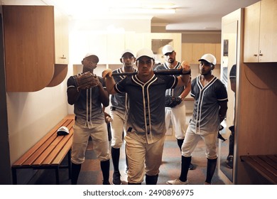 Baseball, team and bat for game in locker room, tournament and walk to field for match. Support, unity or group of player or male people for sports, athlete and softball club for competition together - Powered by Shutterstock