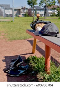 Baseball Team Bench With Baseball Equipment