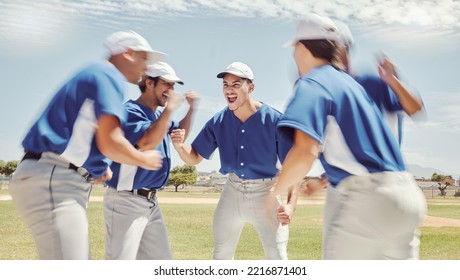 Baseball, Baseball Team And Celebration, Success And Winner. Teamwork, Collaboration And Happy Baseball Players Celebrate Game Victory, Winning Competition Or Training Match On Grass Field Outdoors.