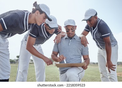 Baseball, team and coach talking strategy, planning and teamwork with paper on grass field or pitch. Coaching, talk and collaboration with sports men group in communication, conversation and discuss - Powered by Shutterstock