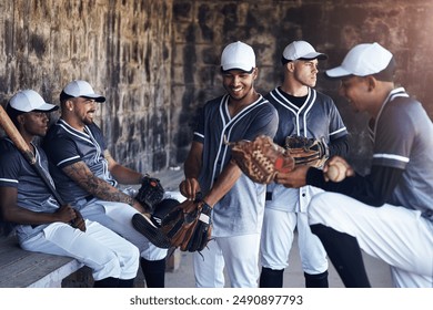 Baseball, team and dugout for relax with diversity, smile and support in shade from summer heat. Field, sports and rest for competition with male people, watch and equipment for softball club match - Powered by Shutterstock