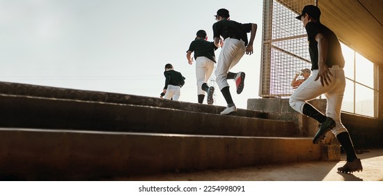 Baseball team, exercise and sport stadium training of professional athlete group doing a workout. Running, softball and cardio of sports game people doing a action run to pitch on field with mockup - Powered by Shutterstock