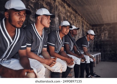 Baseball, team and men in dugout for game and watch, anxious and support in shade for competition. Field, diversity or portrait for substitution for male people, nervous or athlete for softball match - Powered by Shutterstock