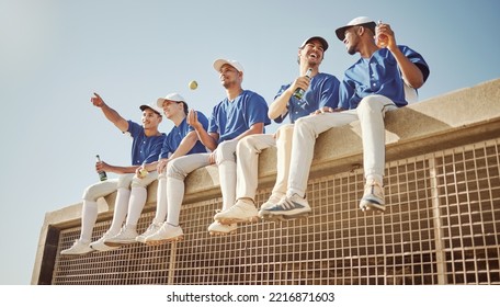 Baseball, team and baseball player, sports men together and health with fitness, diversity and group on a break. Young, athlete and happy, fruit and drink for nutrition, hydration and fun at game. - Powered by Shutterstock