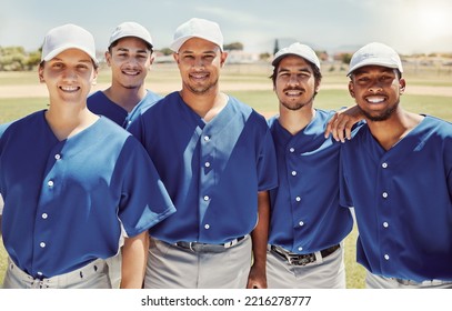 Baseball, team and portrait on baseball field with sports people standing in support of training, fitness and vision. Diversity, softball and softball player group relax before workout practice - Powered by Shutterstock