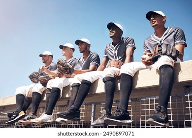 Baseball, team and roof for game and watch, dugout and support on field for competition. Match, diversity and rest for community for male people, uniform and athlete for softball club tournament - Powered by Shutterstock