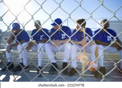 Baseball Team Sitting On Bench In Stand During Competitive Baseball Game, View Through Wire Fence, Front View (lens Flare)