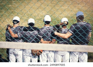 Baseball, team and solidarity with back of men, together and training for game on field. Practice, support and park for fitness and sport for male people, friendship and group for softball and fence - Powered by Shutterstock