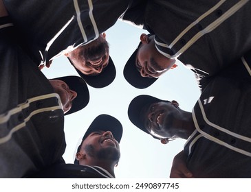 Baseball, team and sports discussion on field for game or pitching strategy, offensive tactics and homerun play. People, huddle and conversation for instructions or motivation and defensive alignment - Powered by Shutterstock