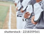 Baseball team, sports and national anthem to start event, competition games and motivation on stadium arena pitch. Closeup baseball players singing, patriotic group pride and respect for commitment