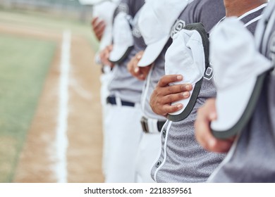 Baseball team, sports and national anthem to start event, competition games and motivation on stadium arena pitch. Closeup baseball players singing, patriotic group pride and respect for commitment - Powered by Shutterstock