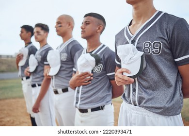 Baseball team, sports and national anthem at competition event, games and athlete motivation on stadium arena field. Baseball player group singing, patriotic pride and respect for softball commitment - Powered by Shutterstock