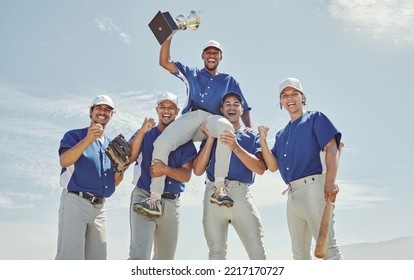 Baseball team, winner men or trophy success in fitness game, workout match or competition exercise. Portrait, smile or happy baseball players winning award in softball, field sports or stadium event - Powered by Shutterstock