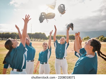 Baseball, Team And Women Celebration, Winner And Excited After Winning A Game And Throwing Gloves In The Air. Teamwork, Collaboration And Support With Happy Group On Teens In A Sports Club Outdoor