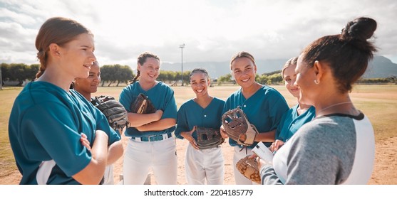 Baseball, team and women with coach talking, conversation or speaking about game strategy. Motivation, teamwork and collaboration with leader coaching girls in softball sports training exercise. - Powered by Shutterstock