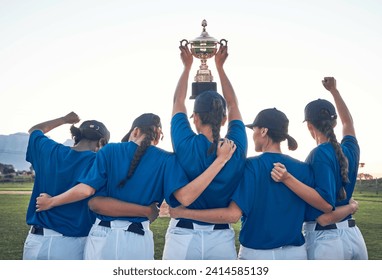 Baseball, trophy and team celebrate win with women outdoor on a pitch for sports competition. Behind professional athlete or softball player group show champion prize, award or achievement at a game - Powered by Shutterstock