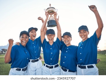 Baseball, trophy and winning team portrait with women outdoor on a pitch for sports competition. Professional athlete or softball player group celebrate champion prize, win or achievement at a game - Powered by Shutterstock