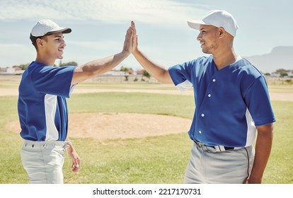 Baseball, Winning And High Five For Success On Field For Match Game At Pitch In Boston, USA. Team, Friends And Black People Celebration On Baseball Field For Sports Tournament Win Together.