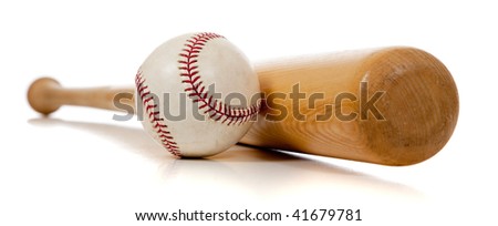 A baseball and wooden bat on a white background