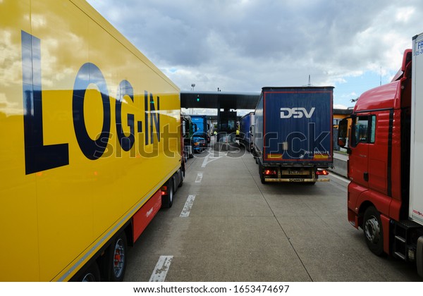 Basel, Swiss February 19 2020: Border\
checkpoint for trucks between Swiss and\
Germany