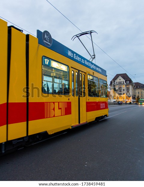 Basel, Switzerland; 01/05/2020; Basel public
transport - simple yet effective colour-coded tram - BTL public
transport - Basel trams stop crossing French border at night after
attacks - yellow tram