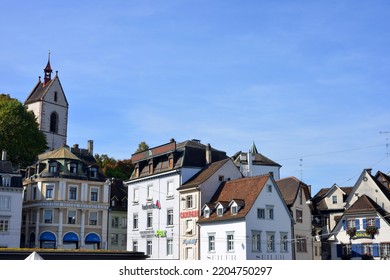 Basel, Switzerland 09-28-2016 Typcial Old Town Houses And Business Houses And Restaurants