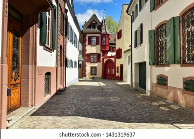 BASEL, SWITZERLAND - APRIL 17, 2019. Old town Grossbasel. Historical houses on the Rittergasse street. City of Basel, Switzerland, Europe