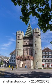 Basel Switzerland - April 26. 2021: The Ancient City Gate Spalentor. It Is One Of The Most Beautiful City Gates In Switzerland