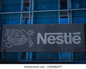 Basel, Switzerland - July 8 2022: Nestle Sign Nestle S.A. Is A Swiss Transnational Company Founded In 1866 And The Largest Food Company In The World.