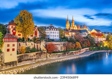 Basel, Switzerland on the Rhine River at dusk in autumn. - Shutterstock ID 2394506899
