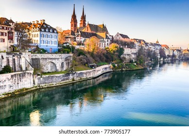 Basel, Switzerland. Rhine River and Munster Cathedral, Swiss Confederation medieval city.